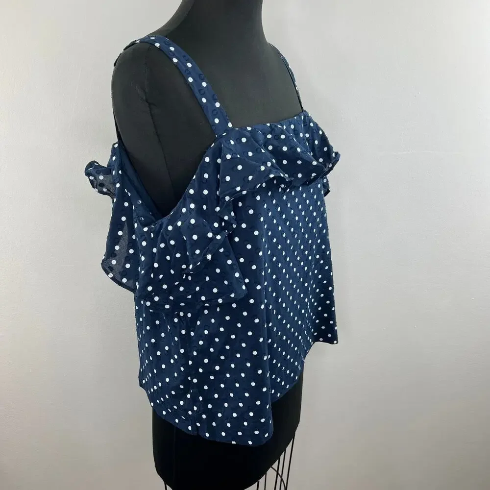 J. Crew Navy Polka-Dot Cotton Square Neck Flounce Cold Shoulder Blouse Size 14